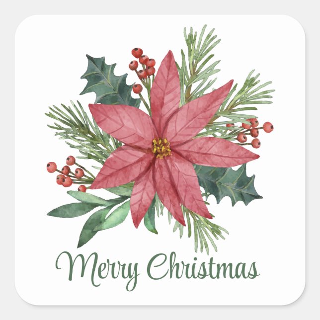 Poinsettia Winter Red Floral Merry Christmas Square Sticker (Front)