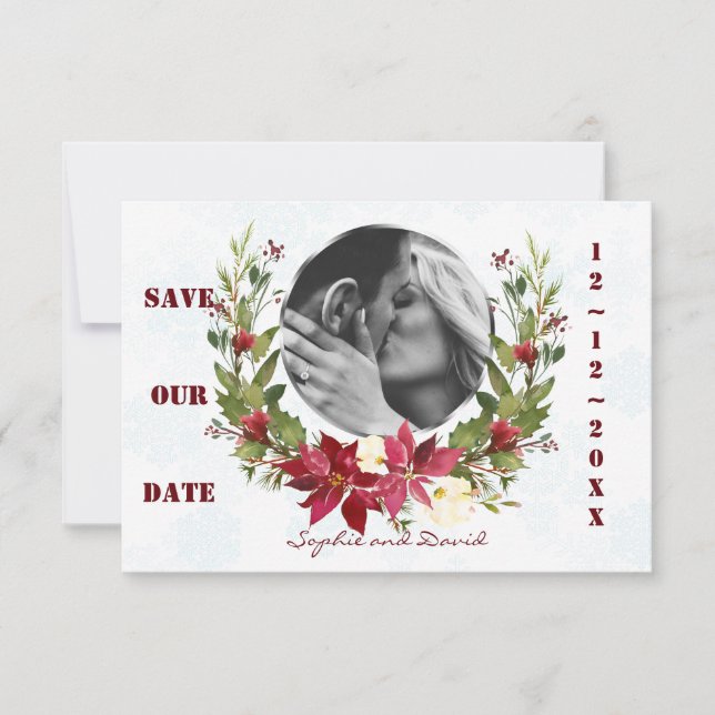 Poinsettia Winter Wreath Wedding Save the Date (Front)