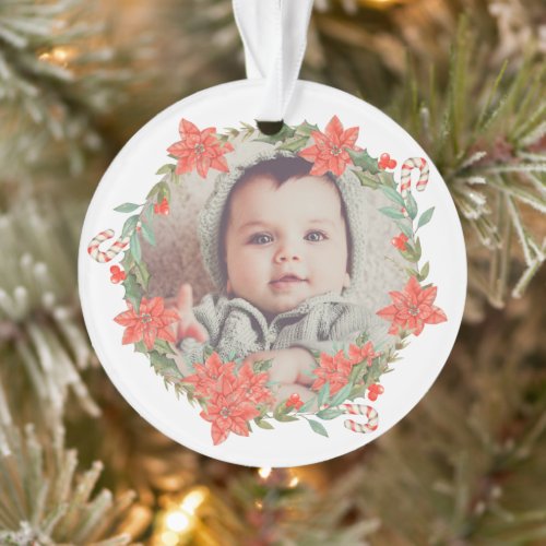 Poinsettia Wreath Candy Cane Grandparents Photo Ornament