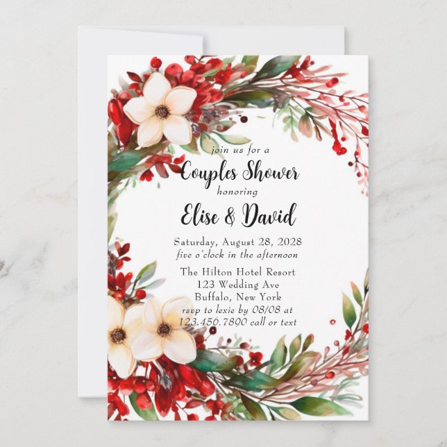 Poinsettia Wreath Christmas Couples Shower Invitation (Front)