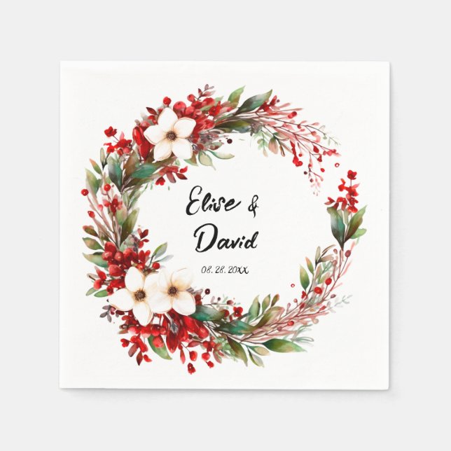 Poinsettia Wreath Christmas Wedding Napkins (Front)