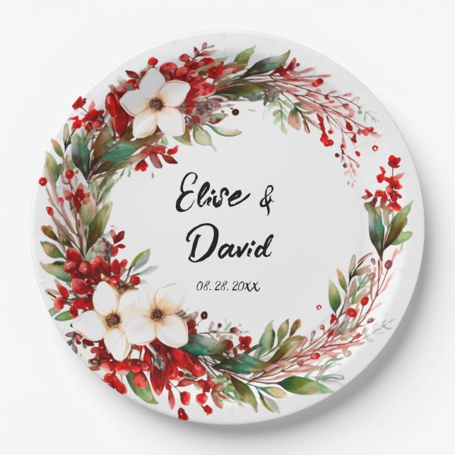Poinsettia Wreath Christmas Wedding Paper Plates (Front)