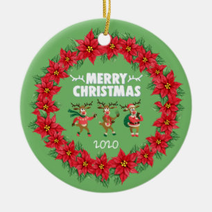 Poinsettia Wreath Dancing Reindeer Merry Christmas Ceramic Ornament