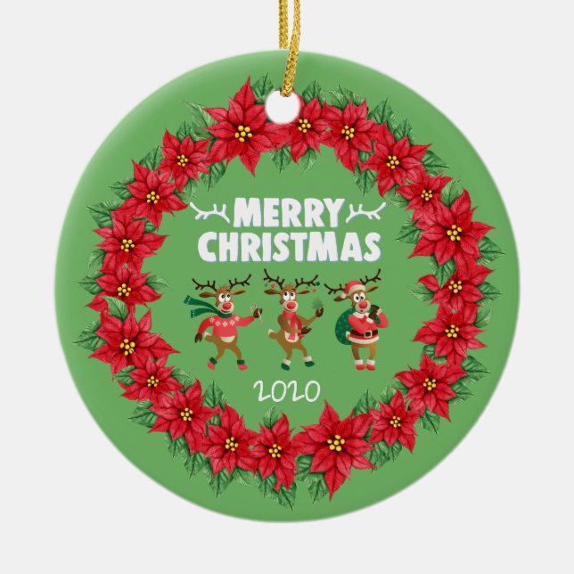 Poinsettia Wreath Dancing Reindeer Merry Christmas Ceramic Ornament (Front)