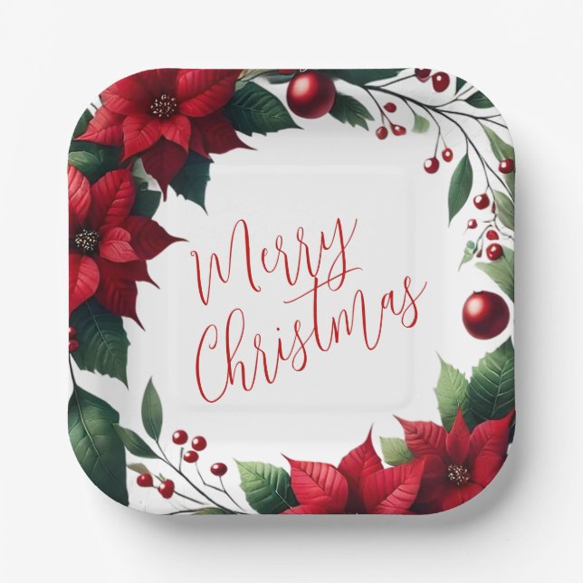 Poinsettia Wreath – Elegant Christmas Florals Paper Plates (Front)