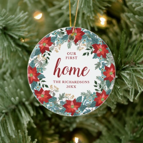 Poinsettia Wreath Personalized Our First Home Xmas Ceramic Ornament