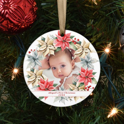 Poinsettia Wreath  Photo Babys First Christmas Ceramic Ornament