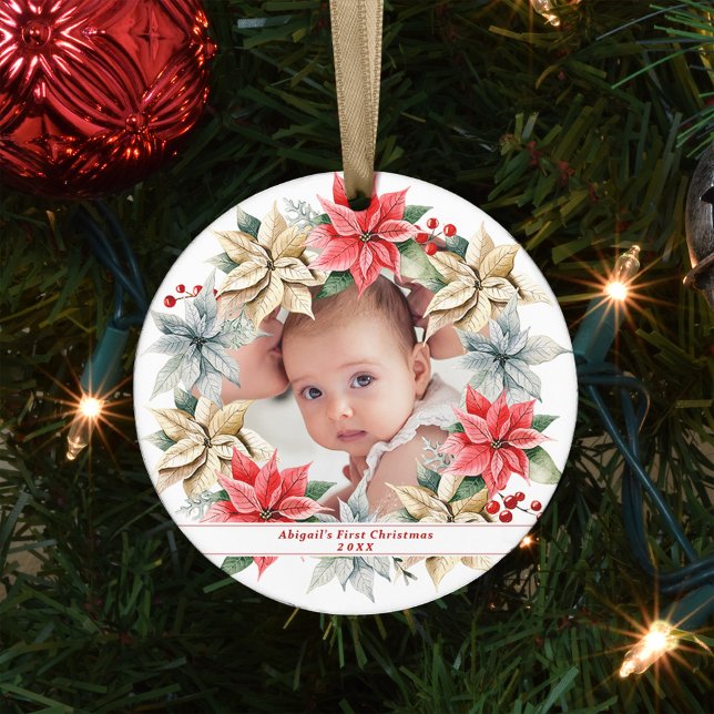 Poinsettia Wreath & Photo Baby's First Christmas Ceramic Ornament (Creator Uploaded)