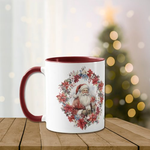 Poinsettia Wreath Santa Claus Christmas Mug