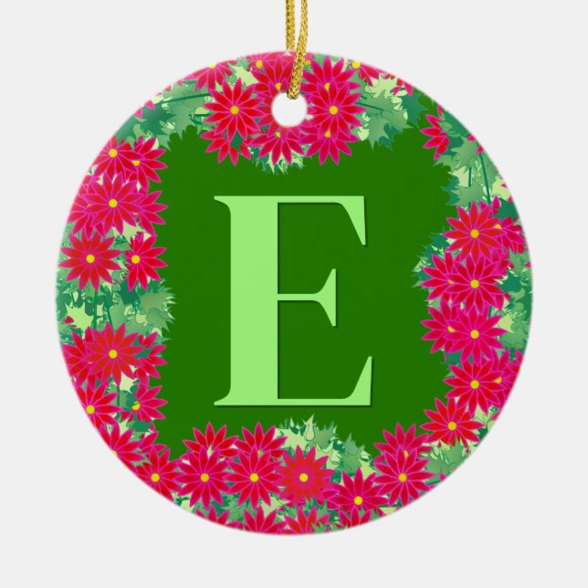 Poinsettia Wreath with Monogram, Red and Green Ceramic Ornament (Front)