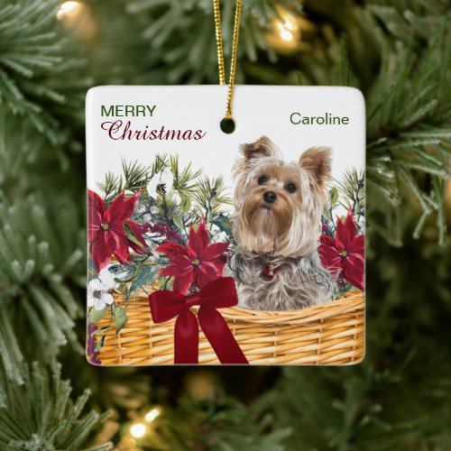 Poinsettia Yorkie Terrier Christmas Basket Ceramic Ornament