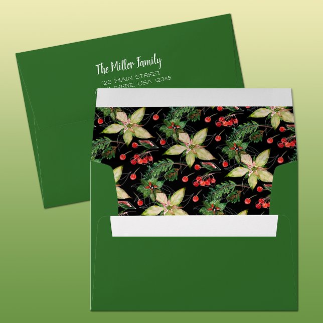 Poinsettias and Berries Green Envelope (Custom envelope with printed lining and FREE return address is perfect finishing touch to any mail.)