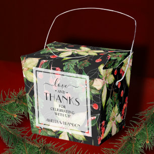 Poinsettias and Berries on Black Christmas Favor Boxes