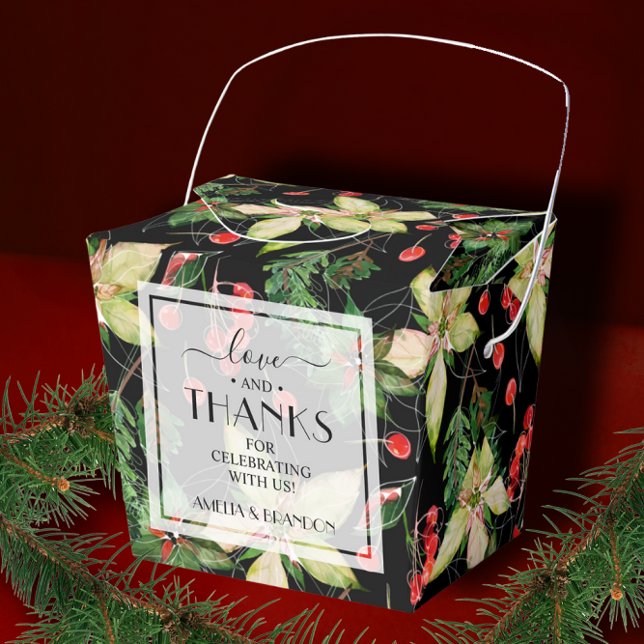 Poinsettias and Berries on Black Christmas Favor Boxes (Creator Uploaded)