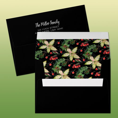 Poinsettias and Berries on Black Envelope