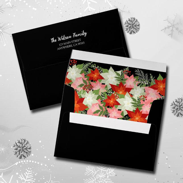 Poinsettias and Greenery Black Envelope (Christmas poinsettias and greenery printed lining in black envelopes, FREE return address on back)