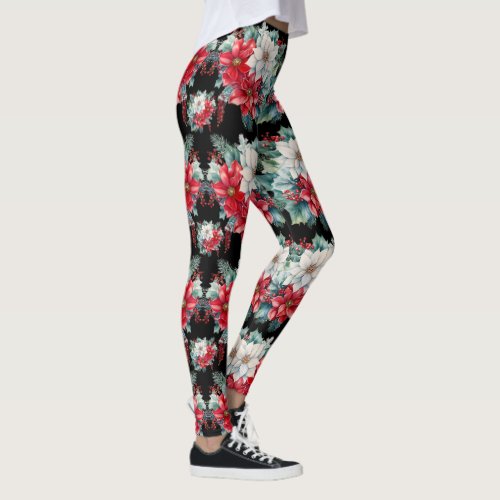 Poinsettias and Holly Berries Leggings _ Pretty