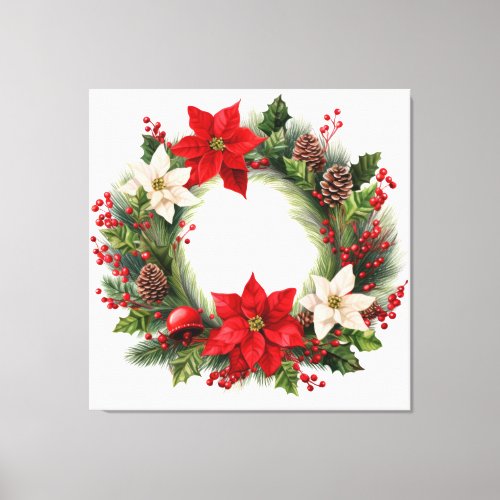 Poinsettias and Holly Christmas Wreath  Canvas Print
