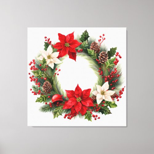 Poinsettias and Holly Christmas Wreath  Canvas Print