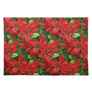 Poinsettias and Holly Leaves Cloth Placemat