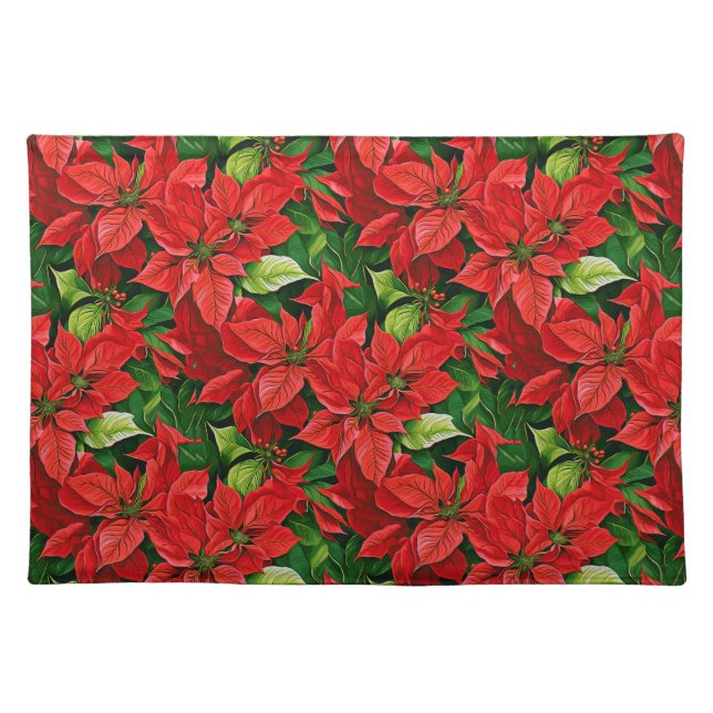 Poinsettias and Holly Leaves Cloth Placemat (Front)