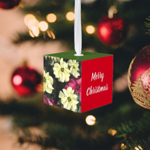 Poinsettias and Holly Leaves Holiday Cube Ornament