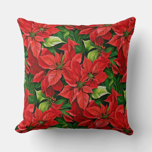  Poinsettias and Holly Leaves Throw Pillow (Front)