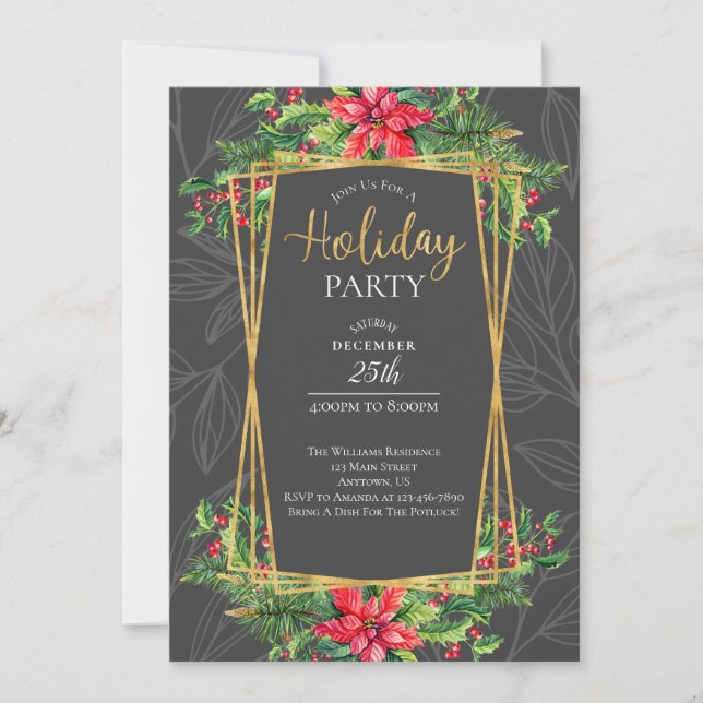Poinsettias and Holly Red Grey Holiday Party Invitation (Front)
