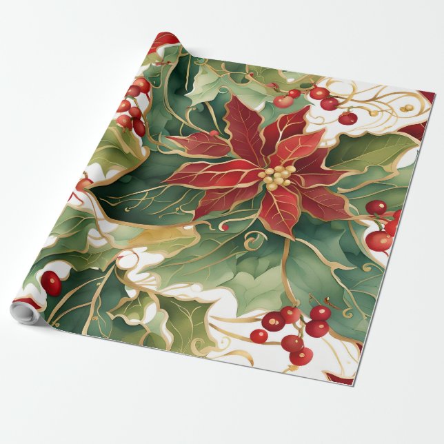 poinsettias and holly wrapping paper (Unrolled)