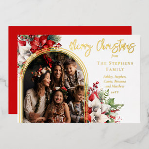 Poinsettias and Pine Arched Photo Merry Christmas Foil Holiday Card
