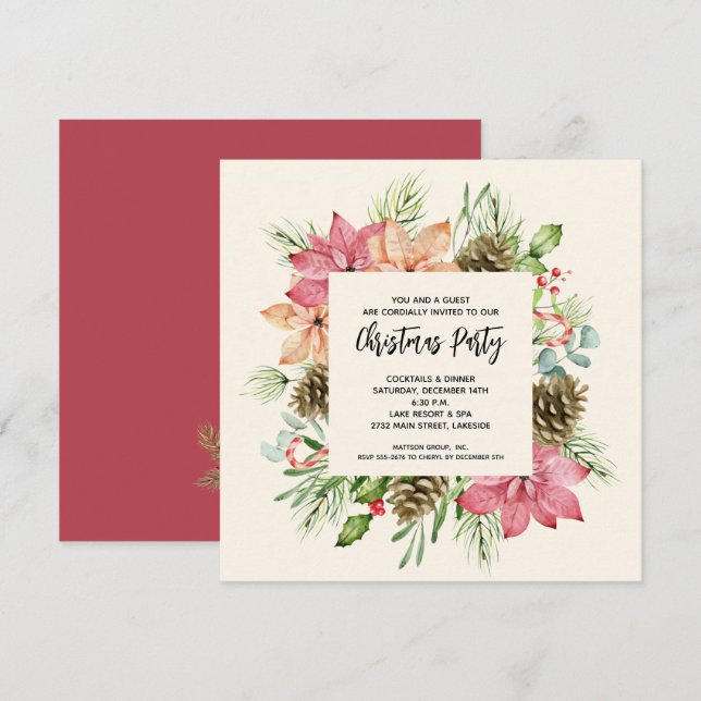 Poinsettias and Pine Christmas Party Invitations (Front/Back)
