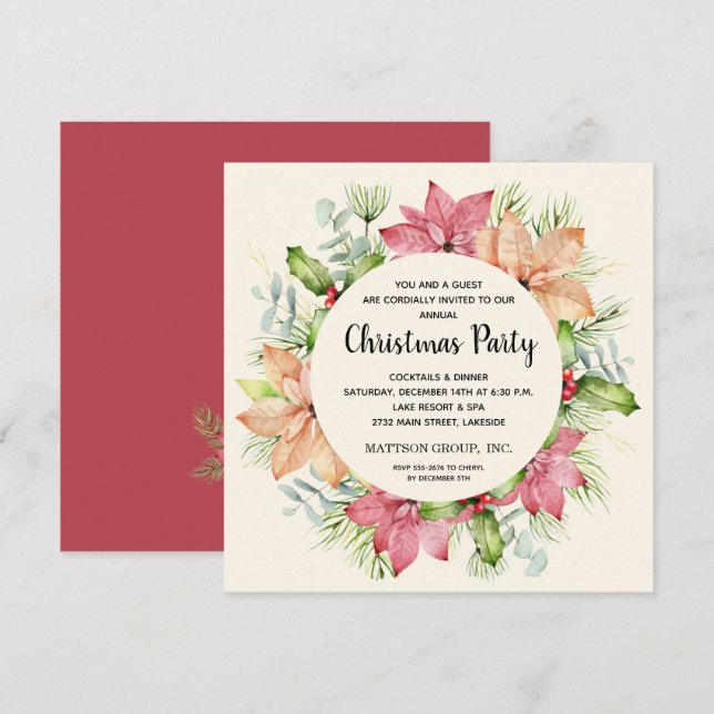 Poinsettias and Pine Wreath Christmas Invitations (Front/Back)