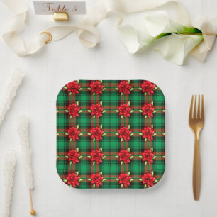Poinsettias And Plaid Paper Plates