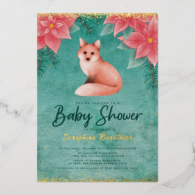 Poinsettias and Red Fox Winter Baby Shower Foil Invitation (Front)