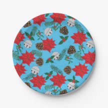 Poinsettias and Silver Bells in Blue Paper Plates
