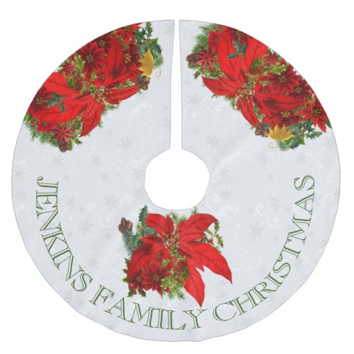 Poinsettias and White Snowflakes with Text Brushed Polyester Tree Skirt