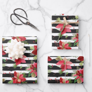 Poinsettias, Black Striped Christmas Wrapping Paper Sheets