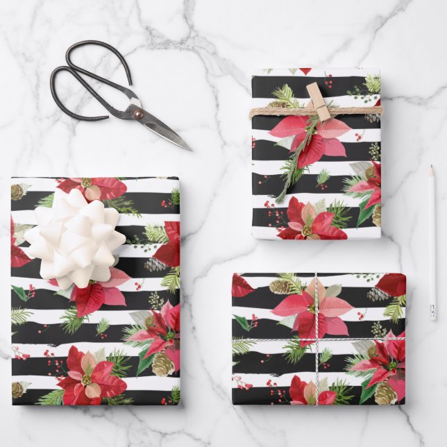 Poinsettias, Black Striped Christmas Wrapping Paper Sheets (Front)