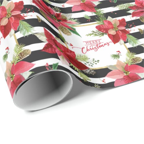 Poinsettias Black Striped Wrapping Paper