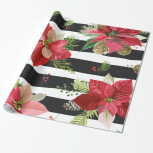 Poinsettias, Black Striped Wrapping Paper
