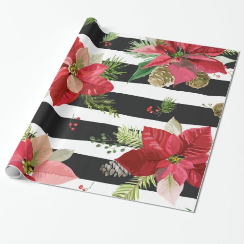 Poinsettias Black Striped Wrapping Paper