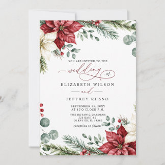 Poinsettias Botanical Christmas QR Code Wedding Invitation