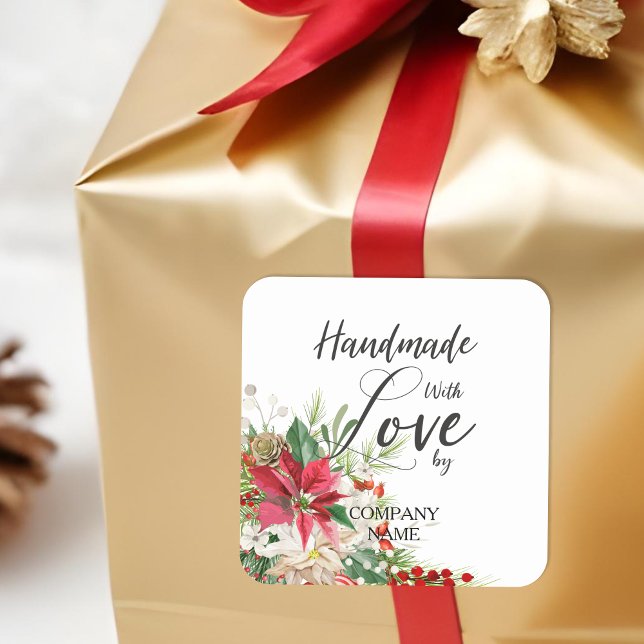 Poinsettias Bouquet Whimsical Handmade with Love Square Sticker (Christmas Poinsettias Bouquet Whimsical Handmade with Love Quote Square Stickers.)