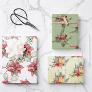 Poinsettias, Cardinals and Pine Branches Assorted Wrapping Paper Sheets