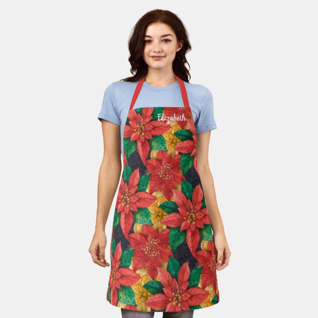 Poinsettias Christmas Holiday Personalized Apron (Worn)
