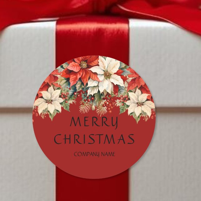 Poinsettias Custom Merry Christmas  Classic Round Sticker (Creator Uploaded)