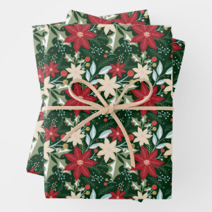 Poinsettias Floral Christmas Holiday Wrapping Paper Sheets