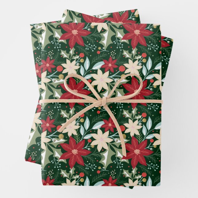 Poinsettias Floral Christmas Holiday Wrapping Paper Sheets (In situ)