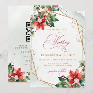 Poinsettias Floral Christmas QR Code Wedding Invitation