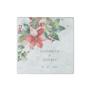 Poinsettias Floral Winter Christmas Wreath Wedding Stone Magnet